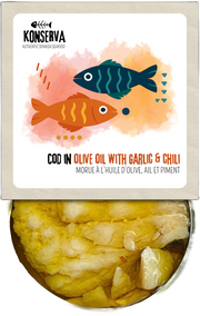 Konserva Cod in Olive Oil with Garlic & Chili